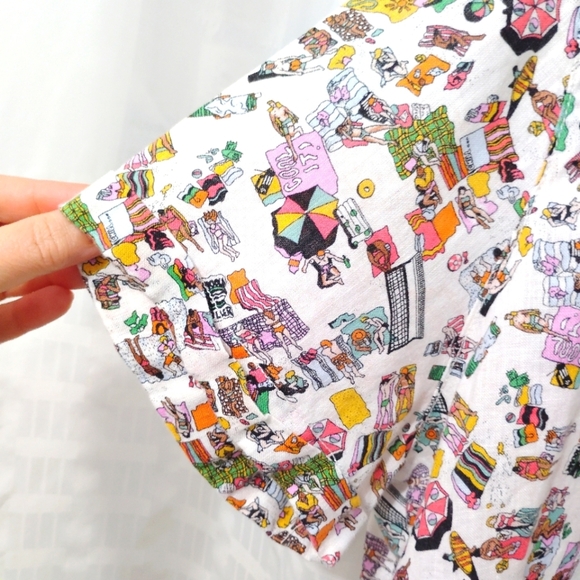 Nicole Miller Linen Summer Top Camp Shirt Button Down Colorful Beach Pattern XL - Picture 4 of 16
